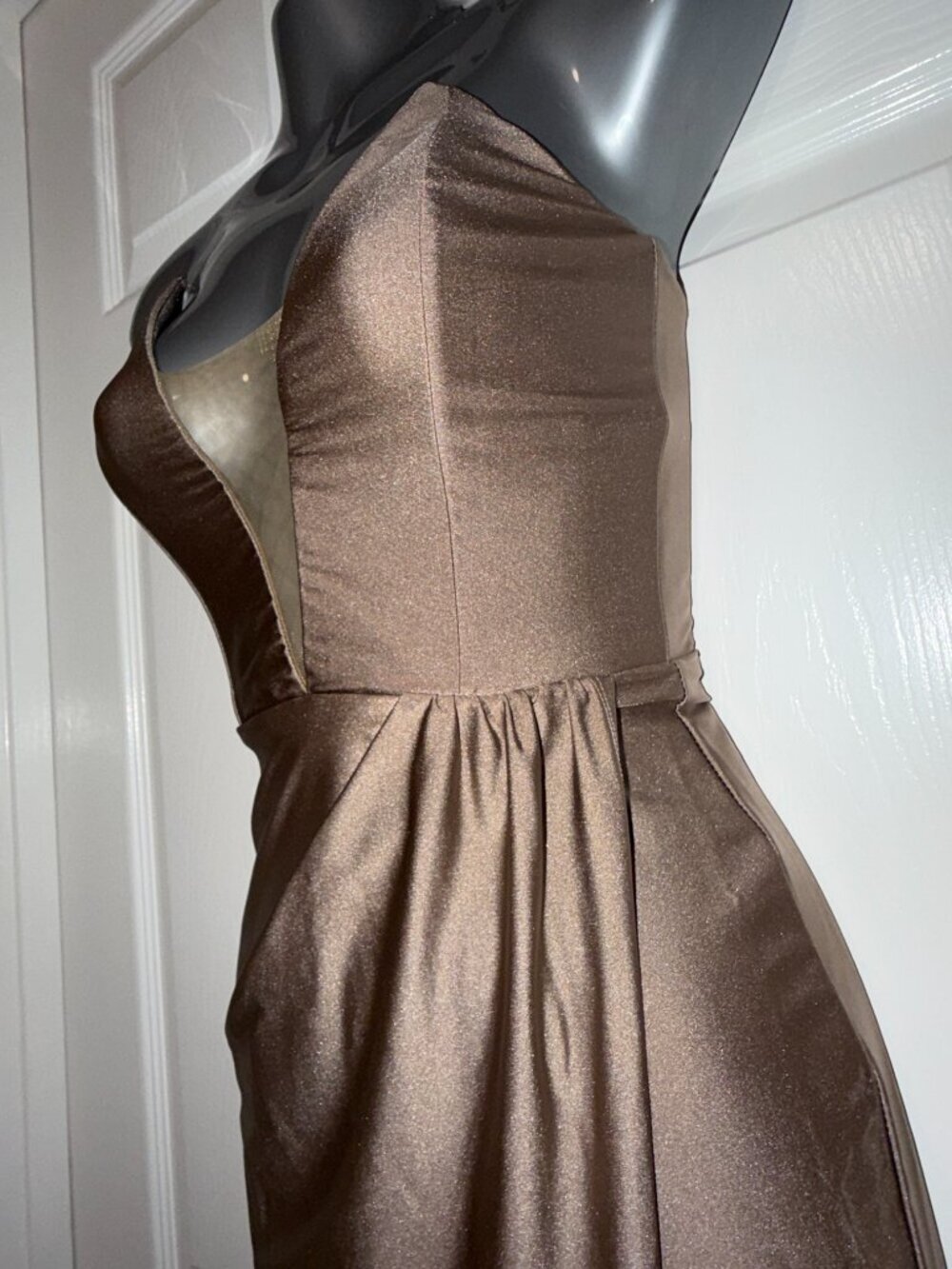 Michael Costello x Revolve Bronze Satin Gown Plunging Neck | High Slit Maxi XXS - Picture 2 of 7